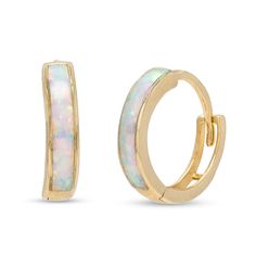 10.25mm Lab-Created Opal Huggie Hoop Earrings in 10K Gold White 14k Gold Small Hoop Huggie Earrings, White 14k Gold Huggie Hoop Earrings, White 14k Gold Round Hoop Earrings, Opal Huggie Hoop Earrings For Gifts, Opal Huggie Earrings Gift, Gold Opal Huggie Earrings, Gold Opal Small Hoop Earrings, Luxury Yellow Gold Opal Earrings, Huggie Hoop Earrings