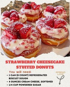 strawberry cheesecake stuffed donuts with icing and strawberries