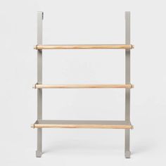 the shelf is made out of metal and wood, with three shelves on each side