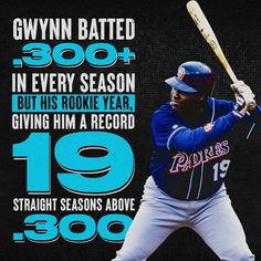 a baseball player holding a bat in front of a poster that reads, glynnn batter 300 in every season but his broke year giving him a record 19 straight seasons above 350