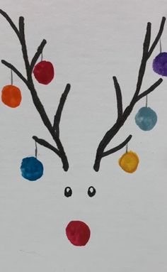 a drawing of a reindeer's head with christmas balls on its antlers and nose