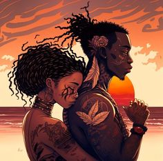 two black women embracing each other in front of an orange and pink sky with the sun setting behind them