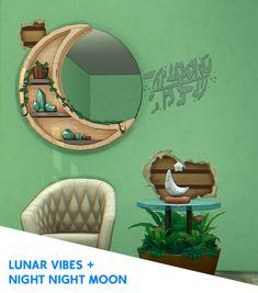 a room with green walls and furniture in the corner, including a moon shaped mirror