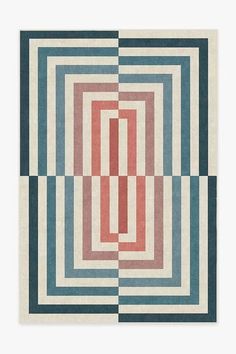 an abstract rug with red, white and blue squares in the shape of rectangles