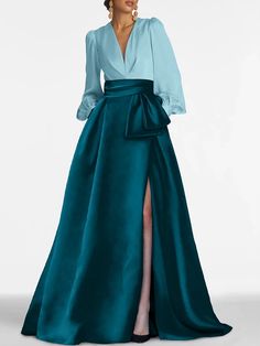 A-Line Evening Gown Elegant Dress Formal Wedding Guest Sweep / Brush Train Long Sleeve V Neck Satin with Pleats Slit 2024 2024 - $137.99 Green Dress Long Sleeve, Green Dress Long, Red Green Dress, Train Christmas, Prom Dresses Sparkly, Gown Elegant, Georges Chakra, Sparkly Prom Dresses, Floral Prom Dresses