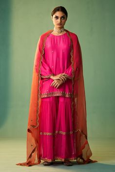 Pink habutai silk kurta with dori, marori and zardosi hand embroidery. Comes with organza sharara and a dupatta. - Aza Fashions Organza Sharara, Pink Kurta, Silk Kurta, Sharara Set, Set For Women, Aza Fashion, Three Quarter, Hand Embroidered, Hand Embroidery