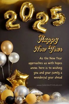 new year card with balloons and gold foil numbers on the front, and black background