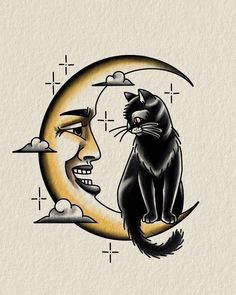 a black cat sitting on top of a crescent with the moon in front of it