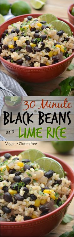 black beans and lime rice in a red bowl with text overlay that reads 30 minute black beans and lime rice