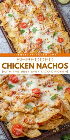 Looking for delicious game day recipes? Serve up this party snack food! It's an easy appetizer for a party using shredded taco chicken. Loaded with your favorite toppings, these sheet pan chicken nachos are sure to be a hit! Nacho Chicken Recipe, Chicken Nachos Recipe Easy, Taco Shredded Chicken, Chicken Nacho Recipe, Cheesy Chicken Nachos, Shredded Taco Chicken