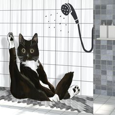 a black and white cat sitting on the floor in front of a shower curtain with an animal's paw sticking out