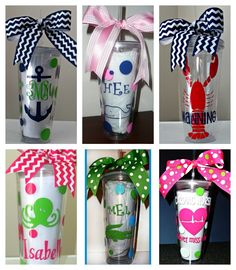 four different tumbles decorated with bows and personalized decals for the drinkers