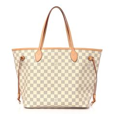 This is an authentic LOUIS VUITTON Damier Azur Neo Neverfull MM. This stylish tote is crafted of Louis Vuitton's signature damier canvas in blue and white. This shoulder bag features vachetta cowhide leather trim, including strap handles and side cinch cords, with polished brass hardware. The top is wide and open to a striped ivory fabric interior pocket. Louis Bag, White Louis Vuitton, Lv Purse, Ivory Fabric, Louis Vuitton Damier Azur, Neverfull Mm, Bag Collection, Brass Hardware, Polished Brass