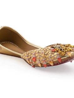 Gold juttis with placement floral gota patchwork, 3D peacock motif & cluster ghunghroo embellishment. Double Cushioning for Extra Comfort. Color: Gold Fabric: Upper: Leather with intricate embroidery Insole - Leather Sole - Vegetable tanned Leather Sole Note: The product will be shipped within 20-25 days of the order placed Any slight irregularities are distinctive and are inherent to the beauty of this creation as it is precisely crafted by hands. Care intructions - Keep in dust bag, dry clean Hands Care, Peacock Motif, Pink 3d, Shiny Shoes, Intricate Embroidery, Gold Fabric, Comfort Color, Best Deal, Vegetable Tanned Leather