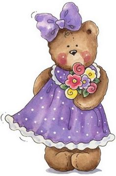 a teddy bear wearing a purple dress holding flowers