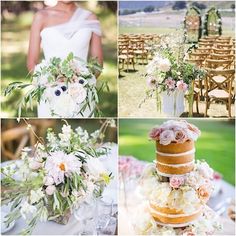 four different pictures with flowers in vases and wedding cake on the table at an outdoor ceremony