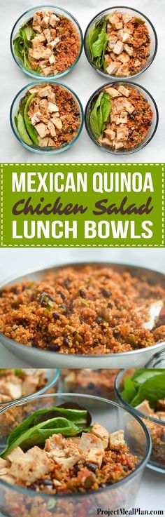 mexican quinoa lunch bowls with green beans, chicken and rice in the middle