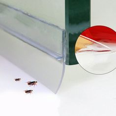 two bugs are on the floor next to a glass door with red and white paint