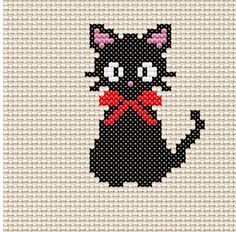 a black cat with a red bow tie on it's neck cross stitch pattern