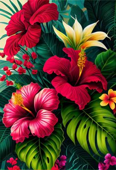 a painting of red flowers and green leaves