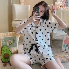 14 Styles Kawaii Home Wear Fashion Pajamas Set ON18 - Egirldoll Fashion Pajamas, Kawaii Home, Egirl Clothes, Pyjamas Womens, Home Wear, Pajamas Set, Small Heart, Polka Dot Top, Summer Women