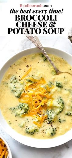 broccoli cheese and potato soup in a white bowl