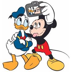 mickey and donald the duck kissing each other with a digital camera on their head, cartoon character