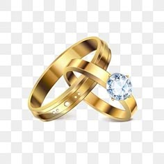 two gold wedding rings with a blue diamond on the side, png and psd