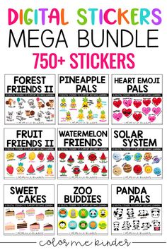 the digital stickers mega bundle includes over 75 different images and text for each item