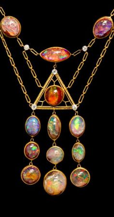 An Arts and Crafts Yellow Gold, Platinum, Opal and Diamond Necklace, Tiffany & Co., Circa 1910, Diamond Necklace Tiffany, Crystal Horn, Bijoux Art Nouveau, Horn Pendant Necklace, Necklace C, Fire Opals, Horn Pendant, Moon Pendant Necklace, Art Nouveau Jewelry