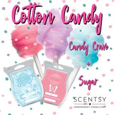 two cotton candy lollipops are shown with the words cotton candy and candy creme