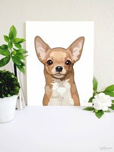 a painting of a chihuahua dog on a white table next to a potted plant