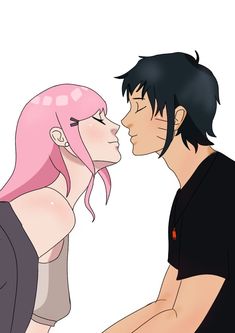 two people are kissing each other while one is wearing black and the other has pink hair