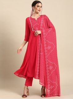 * Women Pink Bandhani Printed Kurta With Trousers & With Dupatta Indian Wedding Wear Salwar Kameez / Indian Ethnic Dress / Plus Size Silk Kurta Dress Traditional Indian Wear / Salwar Kameez Dupatta / Kurti Palazzo Set  * Pink printed Kurta with Trousers with dupatta     * Kurta design:-  *  Bandhani printed   *  Anarkali shape   *  Regular style   *  Round neck,  three-quarter regular sleeves   *  Calf length with flared hem   *  Polyester fabric      * Trousers design:-  *  Solid Trousers   * Traditional Bandhani Print Palazzo Set For Designer Wear, Designer Bandhani Print Kurta With Traditional Drape, Designer Wear Kurta With Bandhani Print And Traditional Drape, Traditional Drape Palazzo Set With Bandhani Print For Diwali, Bollywood Bandhani Print Palazzo Set, Traditional Bandhani Print Palazzo Set For Eid, Traditional Bandhani Print Palazzo Set For Festive Occasions, Semi-stitched Bandhani Print Salwar Kameez, Festive Traditional Palazzo Set With Bandhani Print