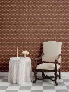 a chair and table in front of a wall with polka dot pattern on the walls