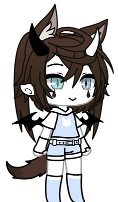 a drawing of a cat girl with blue eyes and black hair, wearing a white shirt