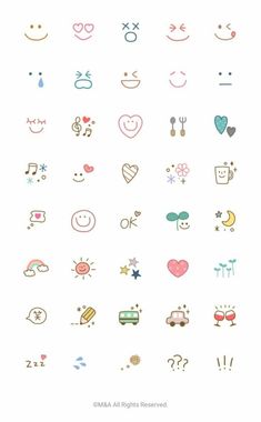 an image of different types of emoticions on a white background, including hearts and stars