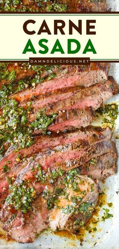 grilled steaks with herbs and seasoning on a white plate next to the words carne asada