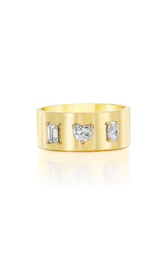 A wide cigar band punctuated with three prong-set diamonds gives bold shine to this 18-karat-gold ring. Total diamond weight: 0.56ct. Color: G–H Clarity: VS 18k gold/diamond Made in the USA >Diamond Guide Gold Thick Band Diamond Ring With Single Cut Diamonds, Diamond Wide Band Ring With Vs Clarity, Wide Band Diamond Ring With Vs Clarity, Yellow Gold Wide Band Ring With Single Cut Diamonds, Anniversary Diamond Ring With Thick Yellow Gold Band, Luxury Gold Three Stone Diamond Ring, Gold Wide Band Diamond Ring With Single Cut Diamonds, Yellow Gold Diamond Ring With Thick Band, Gold Diamond Thick Band Ring