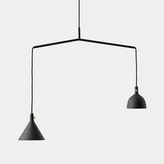 three black pendant lights hanging from the ceiling