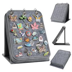 a gray purse with many different pins and magnets on the front, along with a phone holder