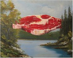 a painting of a large piece of meat in the air