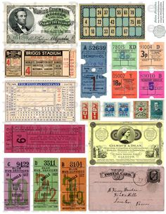 several different types of tickets with numbers and symbols on them, all in different colors