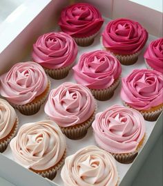 cupcakes with pink frosting in a white box