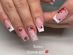 Xoxo Gossip Girl, Vday Nails, Xoxo Gossip, Acrylic Toe Nails, Kiss Nails, Nail Designs Valentines, Long Acrylic Nails Coffin, Gem Nails