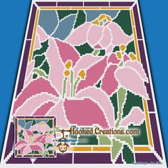 a cross stitch pattern with pink flowers and green leaves