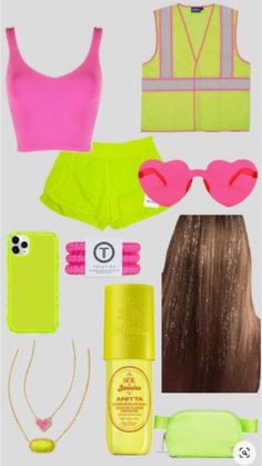 the contents of a woman's outfit including sunglasses, hair and makeup