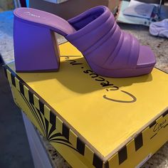 Brand New In Box Too Narrow For My Foot Sooo Cute Trendy Purple Closed Toe Heels, Trendy Purple Heels For Formal Occasions, Purple Platform Heels With Synthetic Material, Purple Synthetic Platform Heels, Purple Block Heels With Stacked Heel, Purple Heels With Stacked Block Heel, Purple Heels With Sculpted Heel And Round Toe, Purple Square Toe Heels For Party, Chic Purple Block Heel Heels