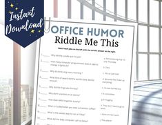 the office humor riddle me this poster is in front of a window with cityscape