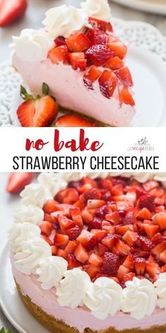 no bake strawberry cheesecake on a plate with strawberries